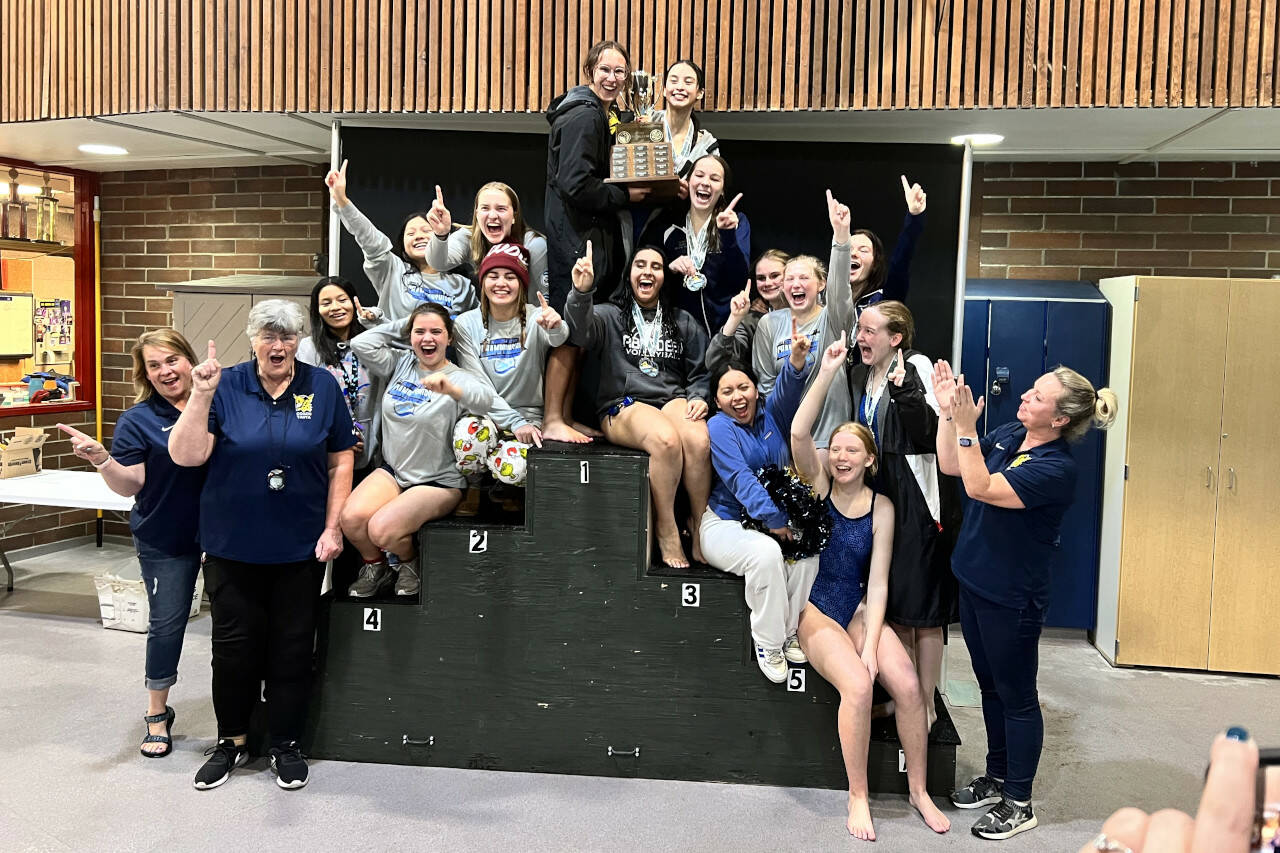 SUBMITTED PHOTO
The Aberdeen girls swim team won the 2A District 4 championship on Saturday in Shelton. Pictured are (front row, left to right): dive coach Megan Elway, assistant coach Tanya Bowers-Anderson, Julia Cerrillo Serrano, Saylor Heikkila, Harnoor Jandu, Wendy Rojas Contreras, Wendy Neil and head coach Tiffany Montoure. Back row (from left): Jessica Meza, Arianna Alavez, Asha Martin, Anna Matisons, Litzy Orona, Mija Hood, Emma Mullins, Ava Benn, Keara Burns and Isabella Melville.