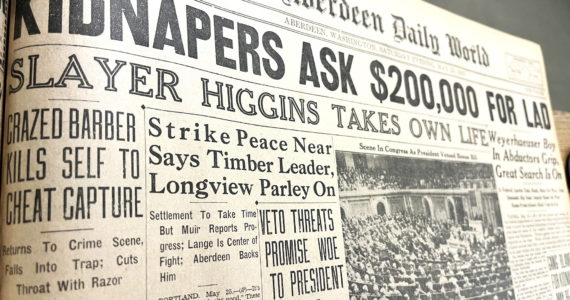 An archival clip from The Aberdeen Daily World — now named The Daily World — on May 25, 1935, shows media coverage about the kidnapping of George Weyerhaeuser Sr. Then, a 9-year-old boy, Weyerhaeuser was taken from his hometown of Tacoma, but eight days later he was set free. The story was covered locally and nationally. Bryan Johnston, author of the book "Deep in the Woods," which delves into the Weyerhaeuser kidnapping, will both talk about the book and sign copies of it at 2 p.m. on Saturday at Polson Museum. (Matthew N. Wells / The Daily World)
