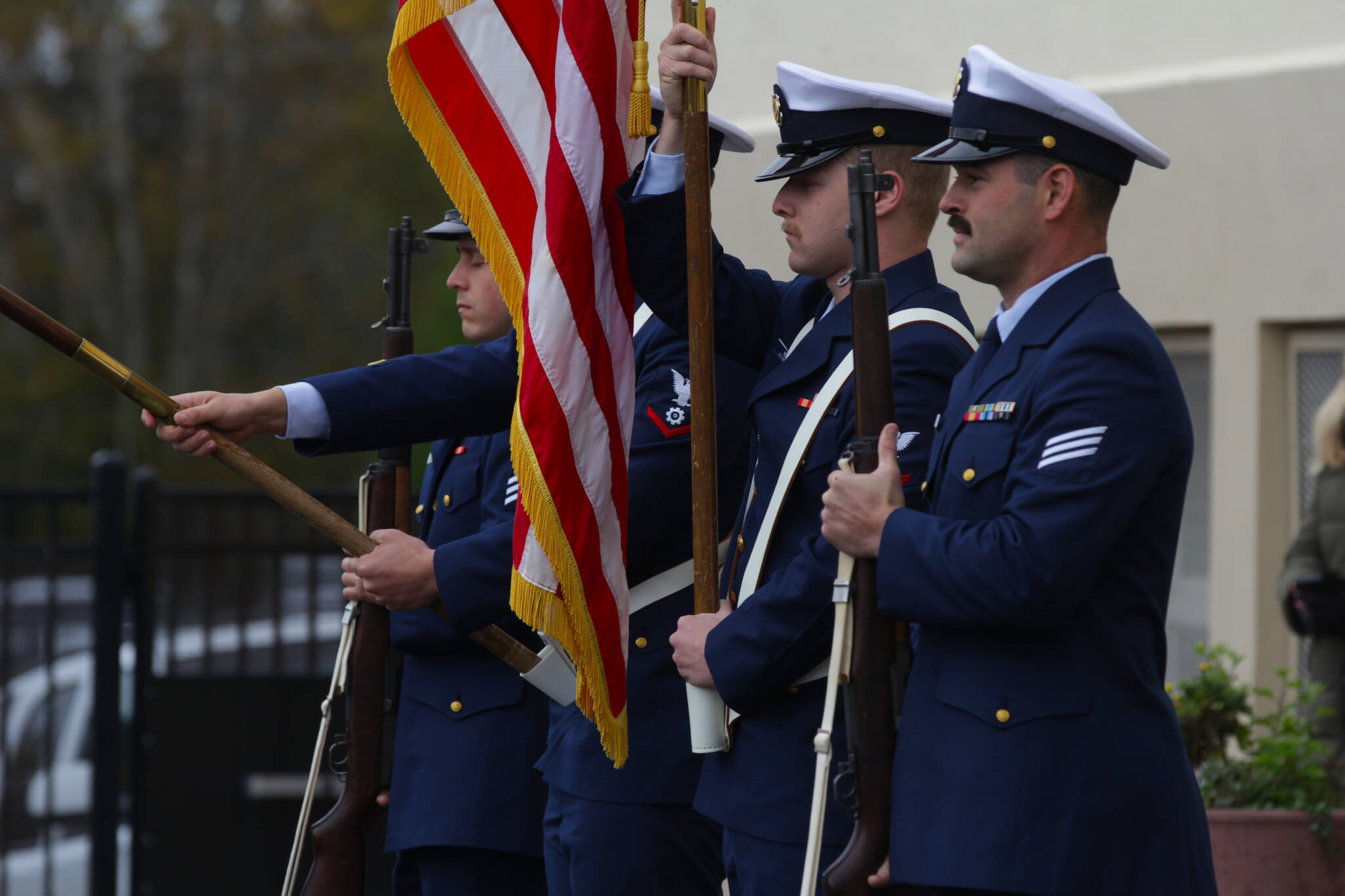 Michael S. Lockett / The Daily World 
A Coast Guard color guard from Coast Guard Station Westport presents the colors during a Veterans Day ceremony at St. Mary School on Nov. 10.