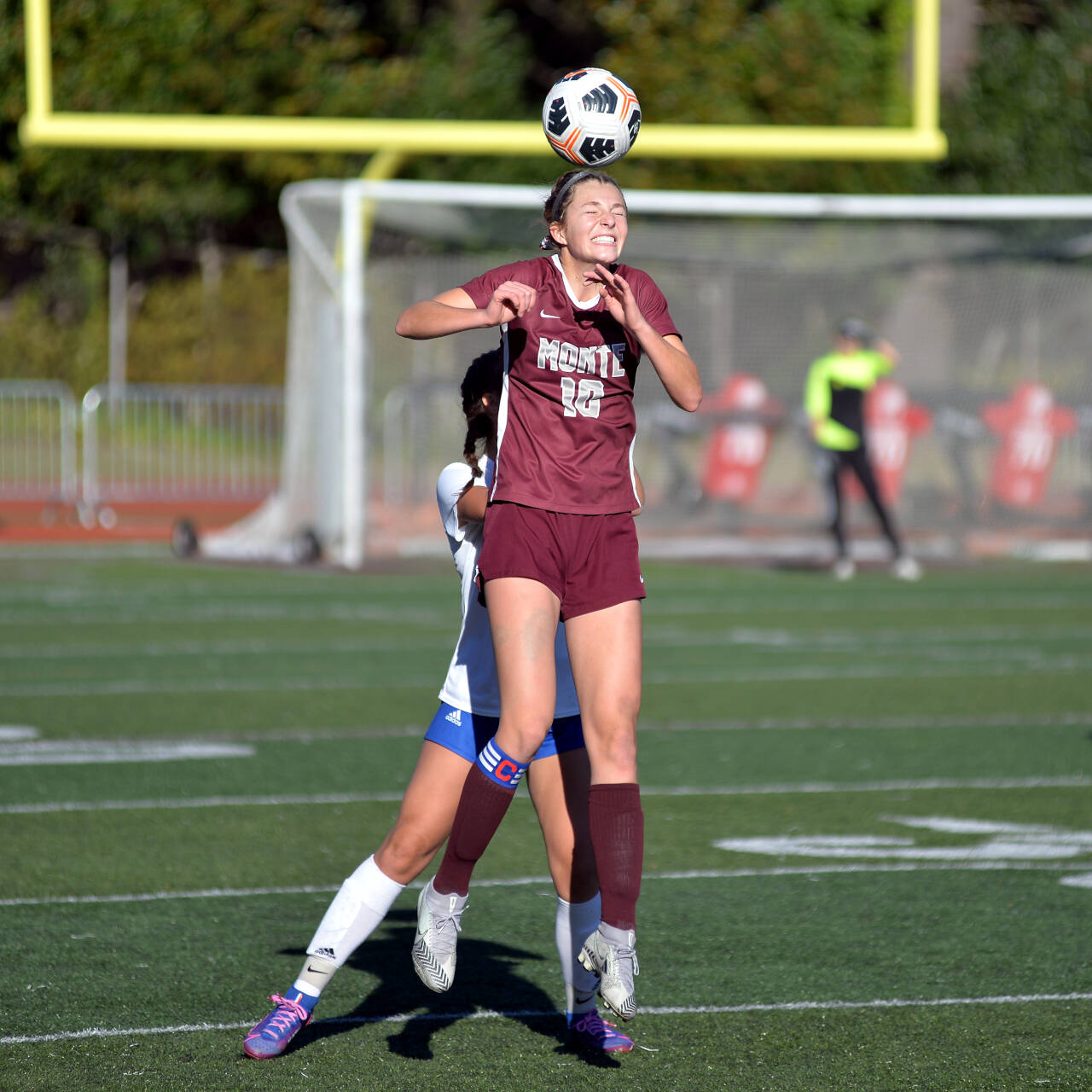 RYAN SPARKS / THE DAILY WORLD 
Montesano junior forward Mikayla Stanfield leaps for a header during a 1-0 victory over Lakeside (Nine Mile Falls) in the 1A State Tournament quarterfinals on Saturday in Montesano. Stanfield scored the only goal of game to lead the Bulldogs to victory.