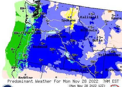 National Weather Service
A cold front will bring precipitation to much of the Pacific Northwest this week, including a chance of snow on Washington’s central coast.
