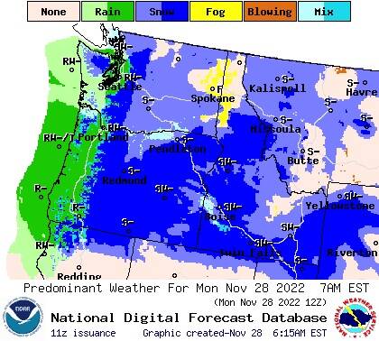 National Weather Service
A cold front will bring precipitation to much of the Pacific Northwest this week, including a chance of snow on Washington’s central coast.