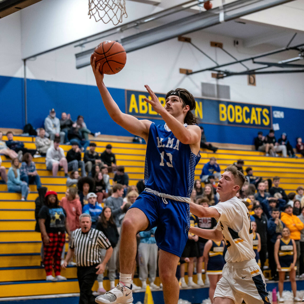 PHOTO BY FOREST WORGUM 
Elma senior Gibson Cain (13) rises to score two of his team-high 23 points in the Eagles’ 71-49 win over Aberdeen on Monday at Sam Benn Gym in Aberdeen.