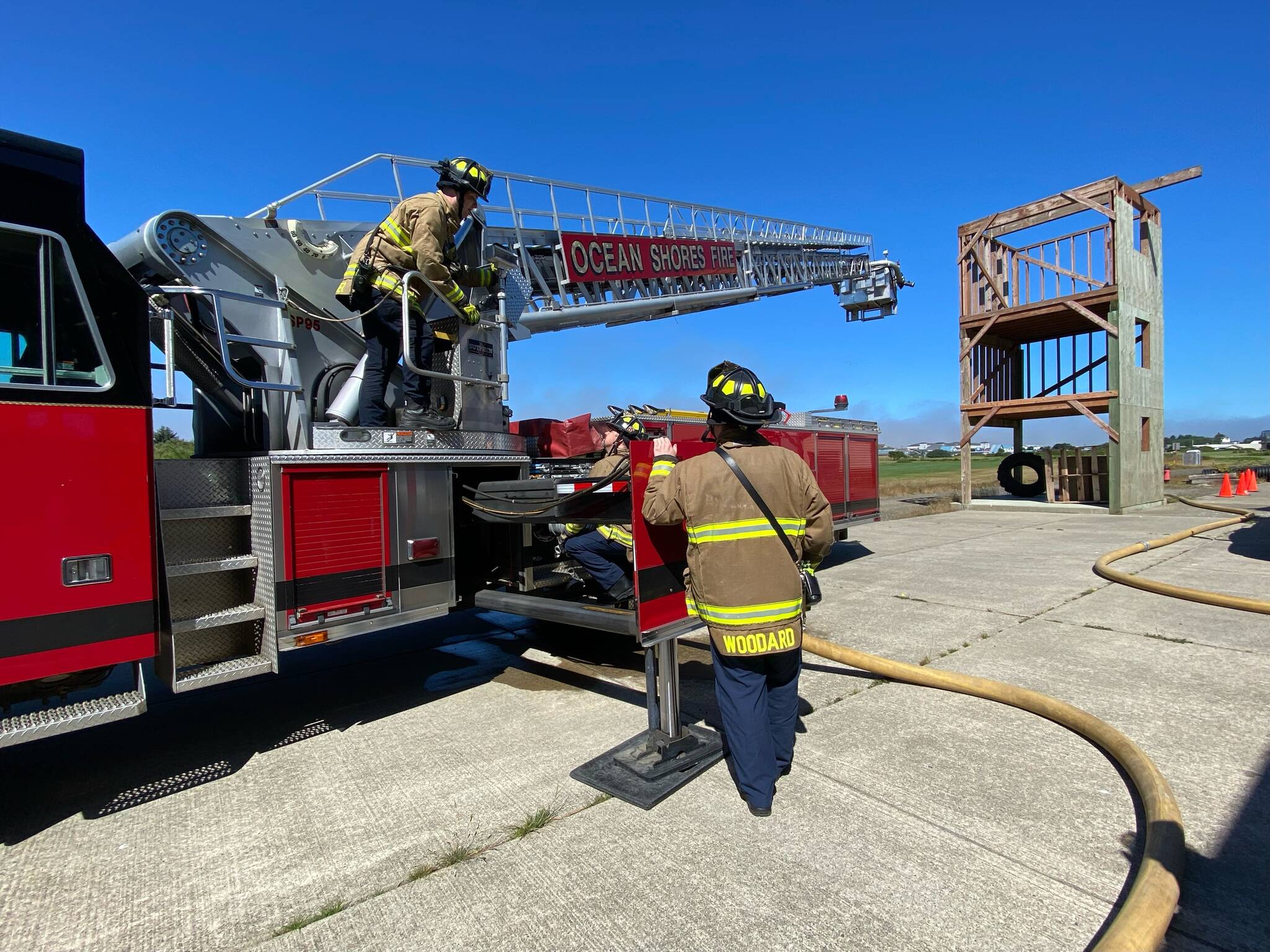 Members of the Ocean Shores Fire Department carry out a training exercise. The department is currently experiencing an issue getting funding for more staffing, even as call volume appears to be headed in one direction. (IAFF Local 2109 / Kara McDermott)