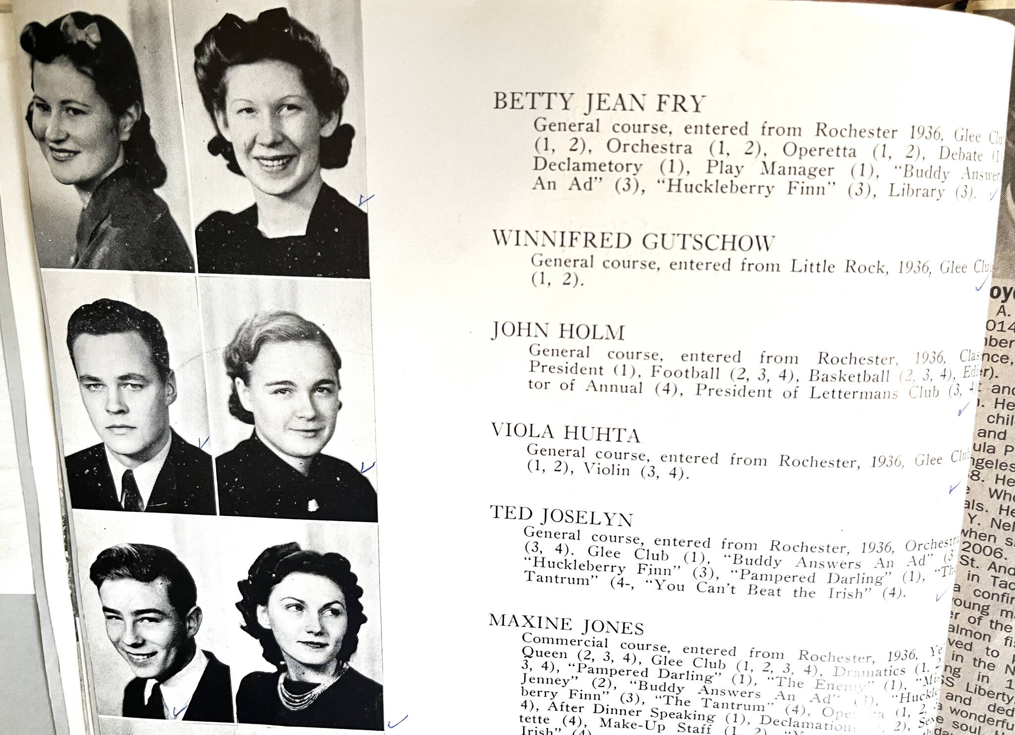 Betty Bullock’s 1940 high school yearbook shows what she looked like as a teenager. Bullock is the young woman on the top left. Her name then was Betty Jean Fry. To the right of the photos of her and a classmate show what she did in high school. Bullock has had quite a life since she graduated high school. She shared a little bit about her life, which reached its centennial on Nov. 29.