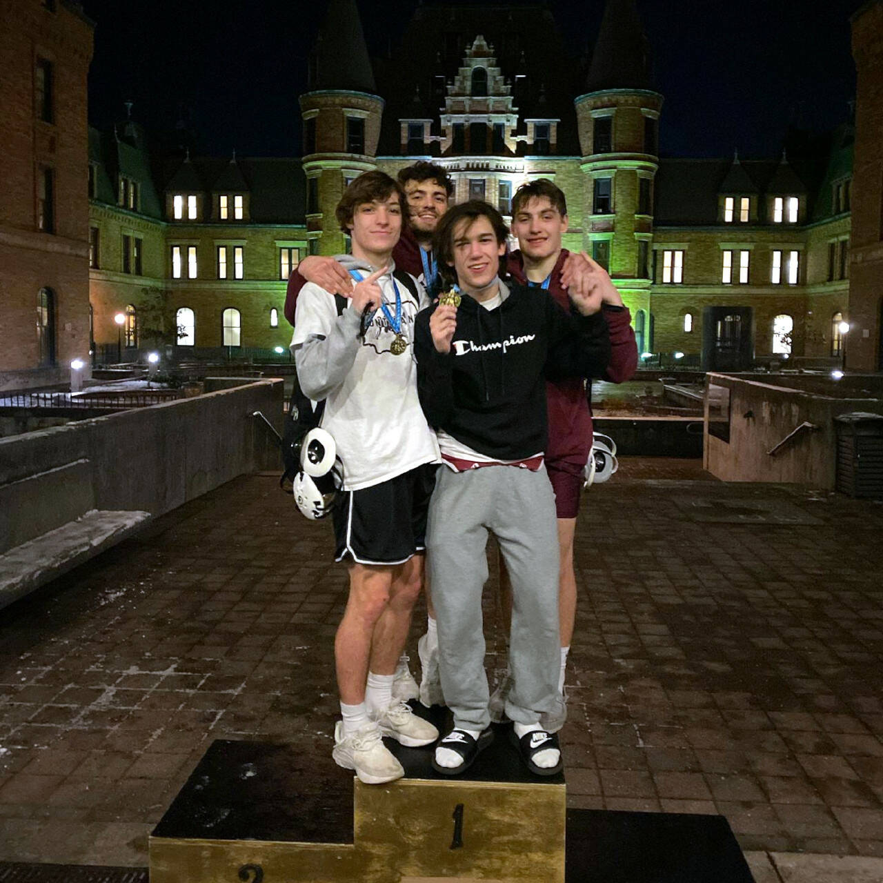 SUBMITTED PHOTO Montesano wrestlers (from left) Cole Ekerson, Mateo Sanchez, Sean Ryker and Gage Stutesman each won their respective weight classes at the King of the Castle boys wrestling tournament on Wednesday at Stadium High School in Tacoma.