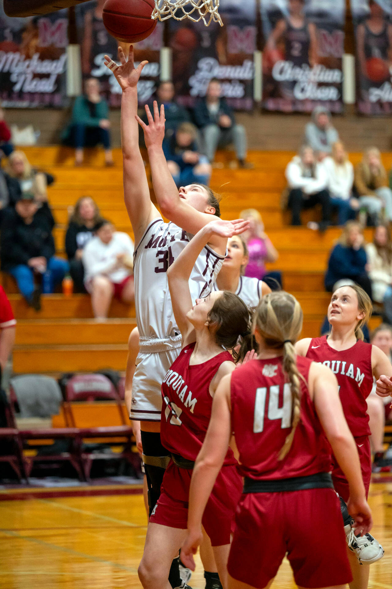 PHOTO BY FOREST WORGUM Montesano senior McKynnlie Dalan, left, puts up a shot while defended by Hoquiam’s Katlyn Brodhead during the Bulldogs’ 69-10 win on Tuesday at Montesano High School.