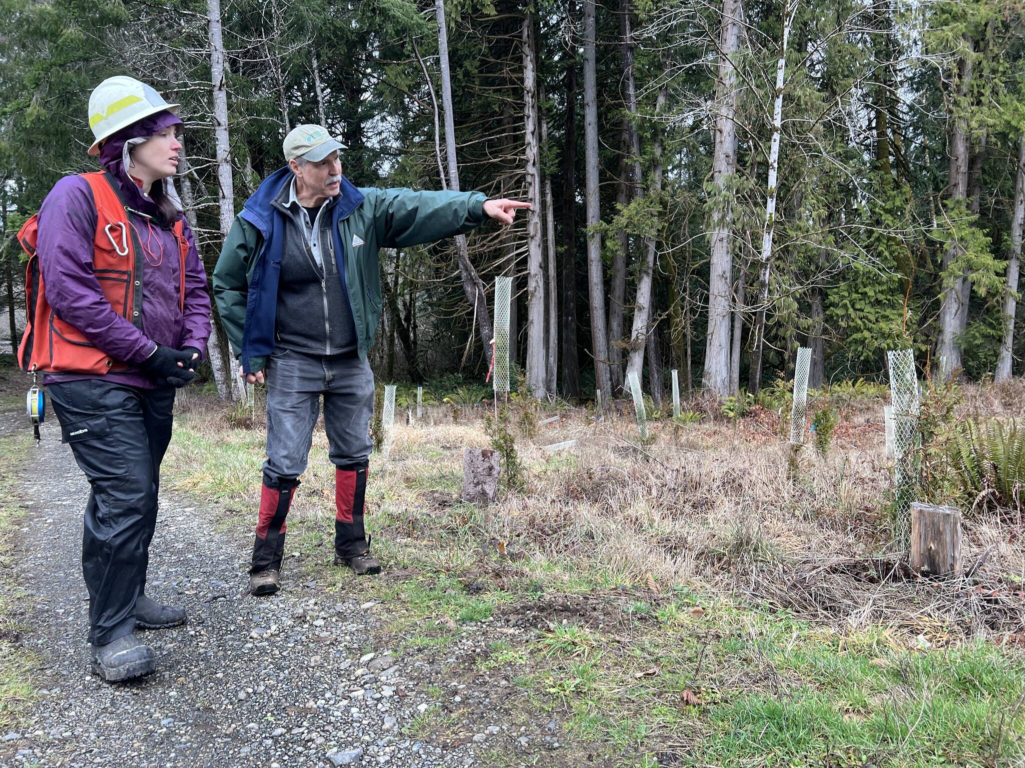 (Clayton Franke / The Daily World) Emily Fales, left, a service forester with the Washington Department of Natural Resources, takes a tour of Merc Boyer's family forest. The DNR has added 18 new service foresters, who provide technical assistance to landowners, in the last six months.