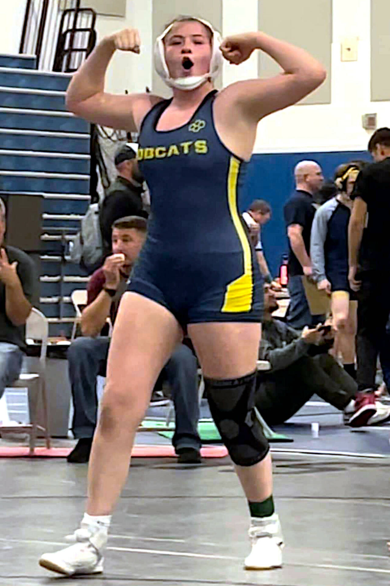 SUBMITTED PHOTO Aberdeen’s Kya Roundtree celebrates after winning the 170-pound championship at the River Ridge Rumble on Saturday at River Ridge High School.