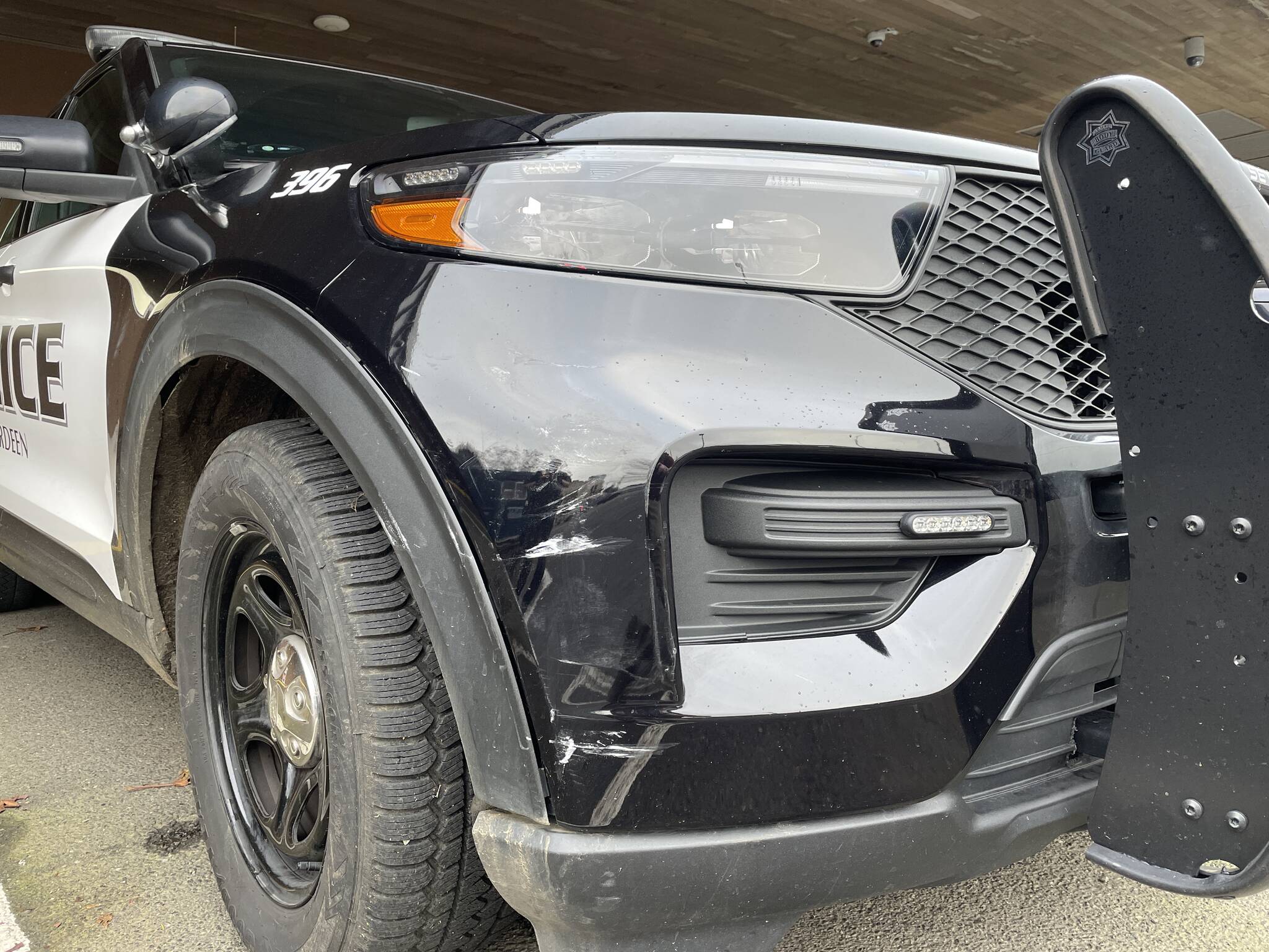 An Aberdeen Police Department patrol car was scuffed while officers attempted to contact a suspect following a report of a possible case of driving under the influence on Monday, Jan. 23. (Michael S. Lockett / The Daily World)