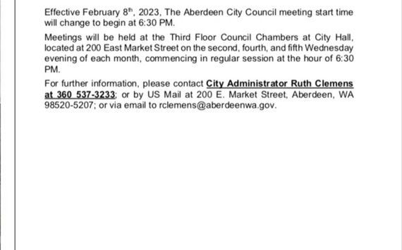 An electronic version of the sign posted on the front window of Aberdeen City Hall shows the revision to the start time, plus other changes, for future Aberdeen City Council meetings. “The changes are in an effort to be more efficient during our council meetings, and allow for an earlier start time so people who attend in-person can attend the meeting earlier in the evening,” said Kati Kachman, Aberdeen City Council president. (Provided by city of Aberdeen.)