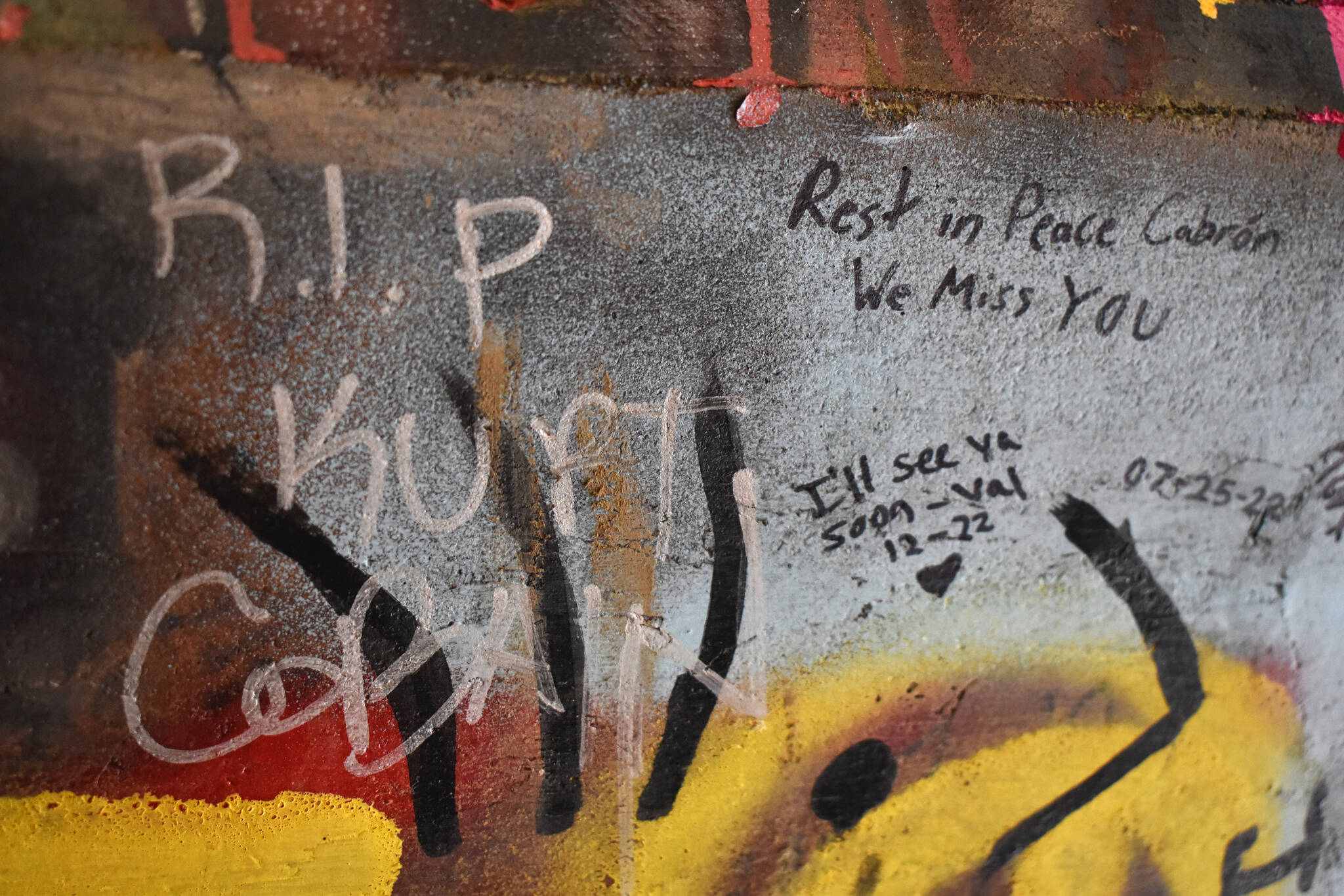 One of many messages that wish the late-Kurt Cobain, who was born in Aberdeen and was the founder of Nirvana, peace since his death in 1994. Cobain, whose influence is seen throughout the city, is credited with founding the Grunge rock genre. (Matthew N. Wells / The Daily World)