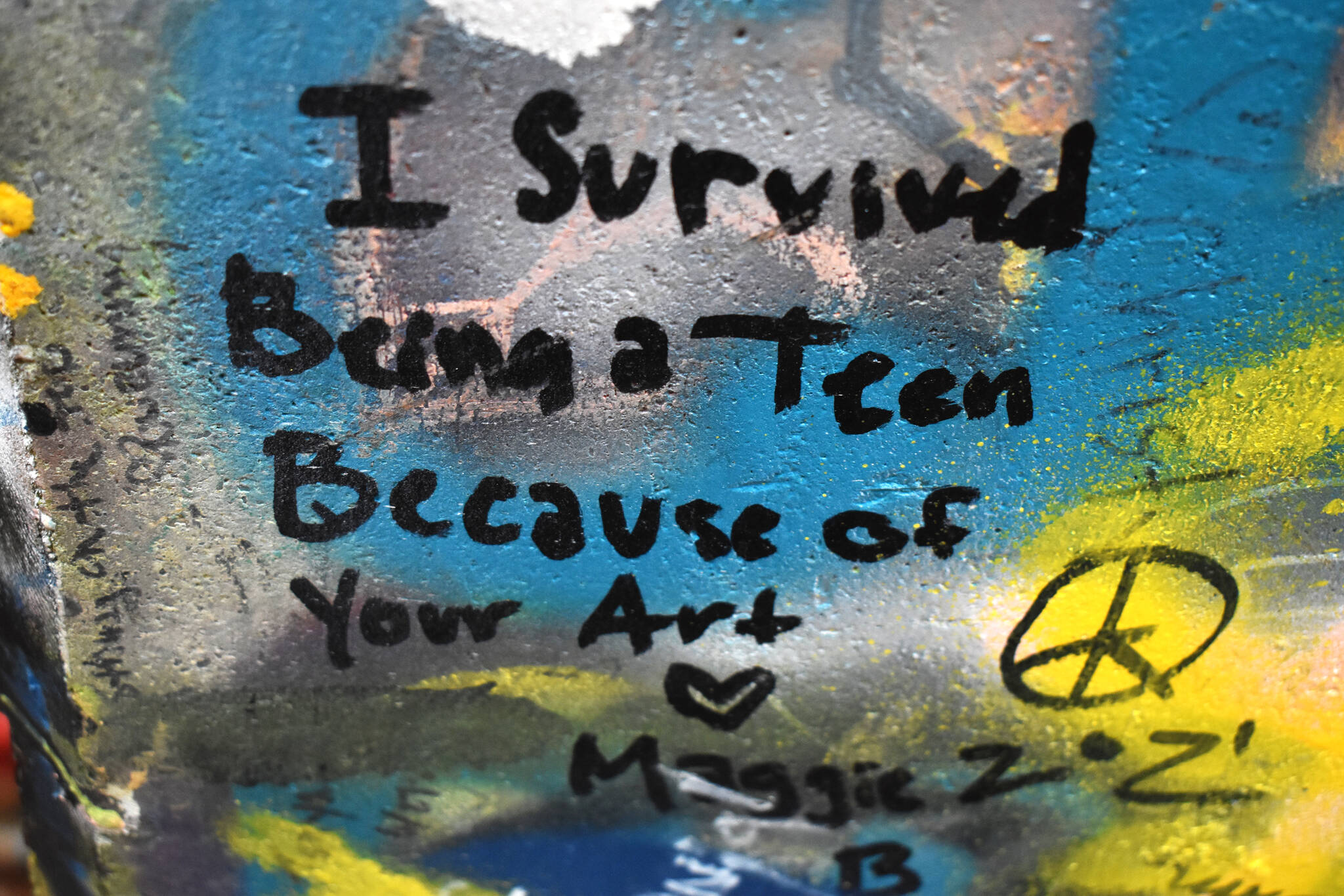 This message, from a person named “Maggie,” describes the tight bond with music that people have. In this case, the message shows how music has comforted them in hard times. The message was written underneath the Young Street Bridge, which is anticipated to be replaced in the coming years. (Matthew N. Wells / The Daily World)