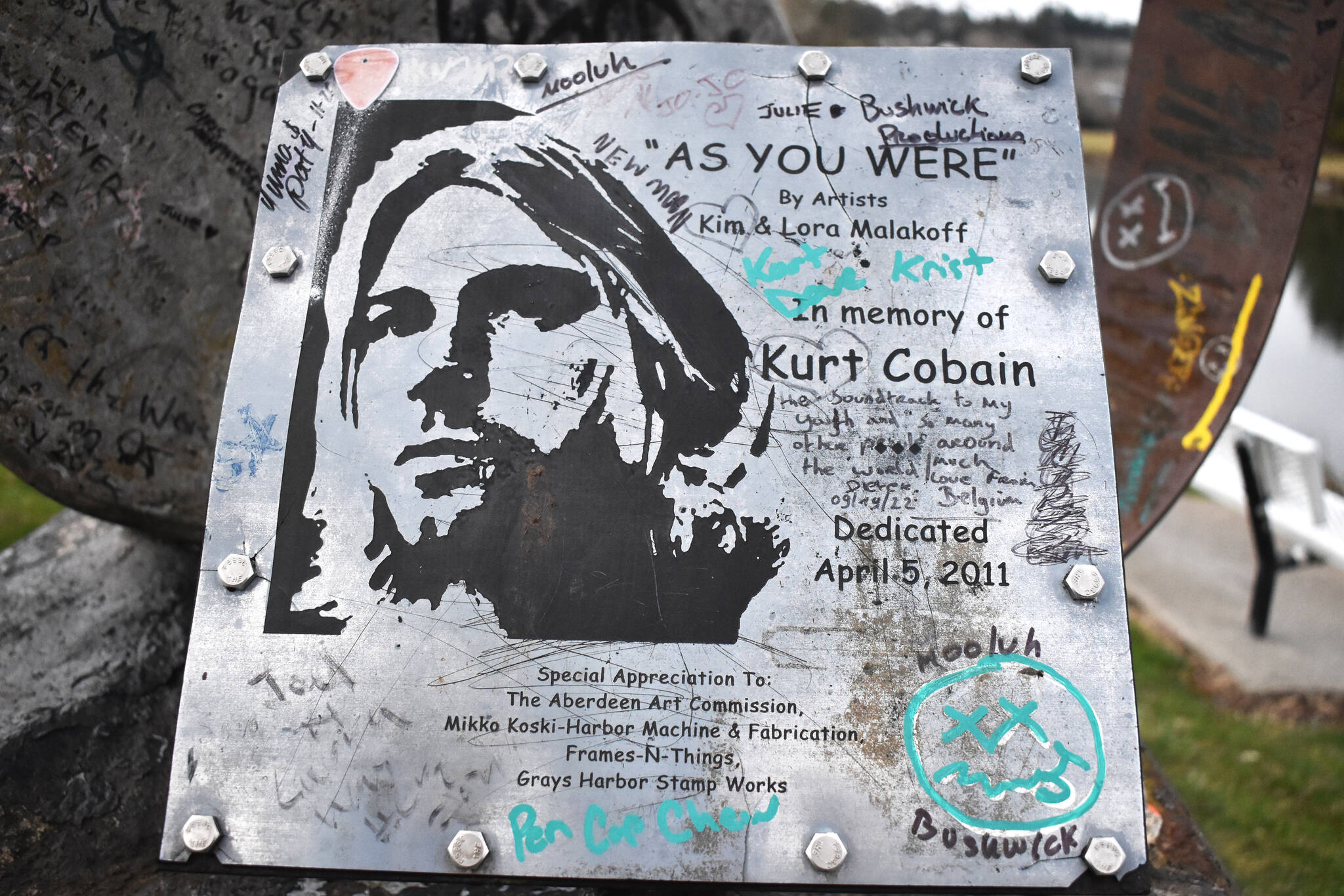 The plaque, which is posted on the guitar statue at Kurt Cobain Memorial Park shows the date the park was dedicated — April 5, 2011 — in North Aberdeen. The park sits at the base of the Young Street Bridge, which is slated to be replaced in the next few years. Recently, a local historian reached out to the city to air his concerns about the bridge and the park. (Matthew N. Wells / The Daily World)