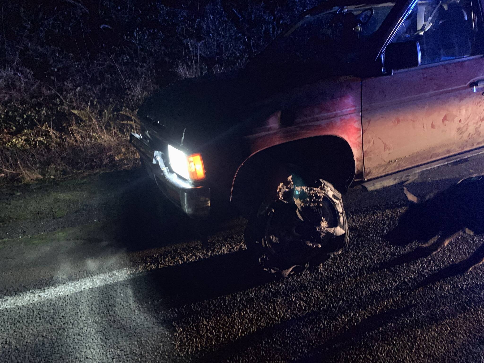Damage to the wheels is visible following a 55-mile pursuit of a suspected DUI early last Friday that ended near Tokeland. (Grays Harbor County Sheriff’s Office / Deputy Sean McKechnie)