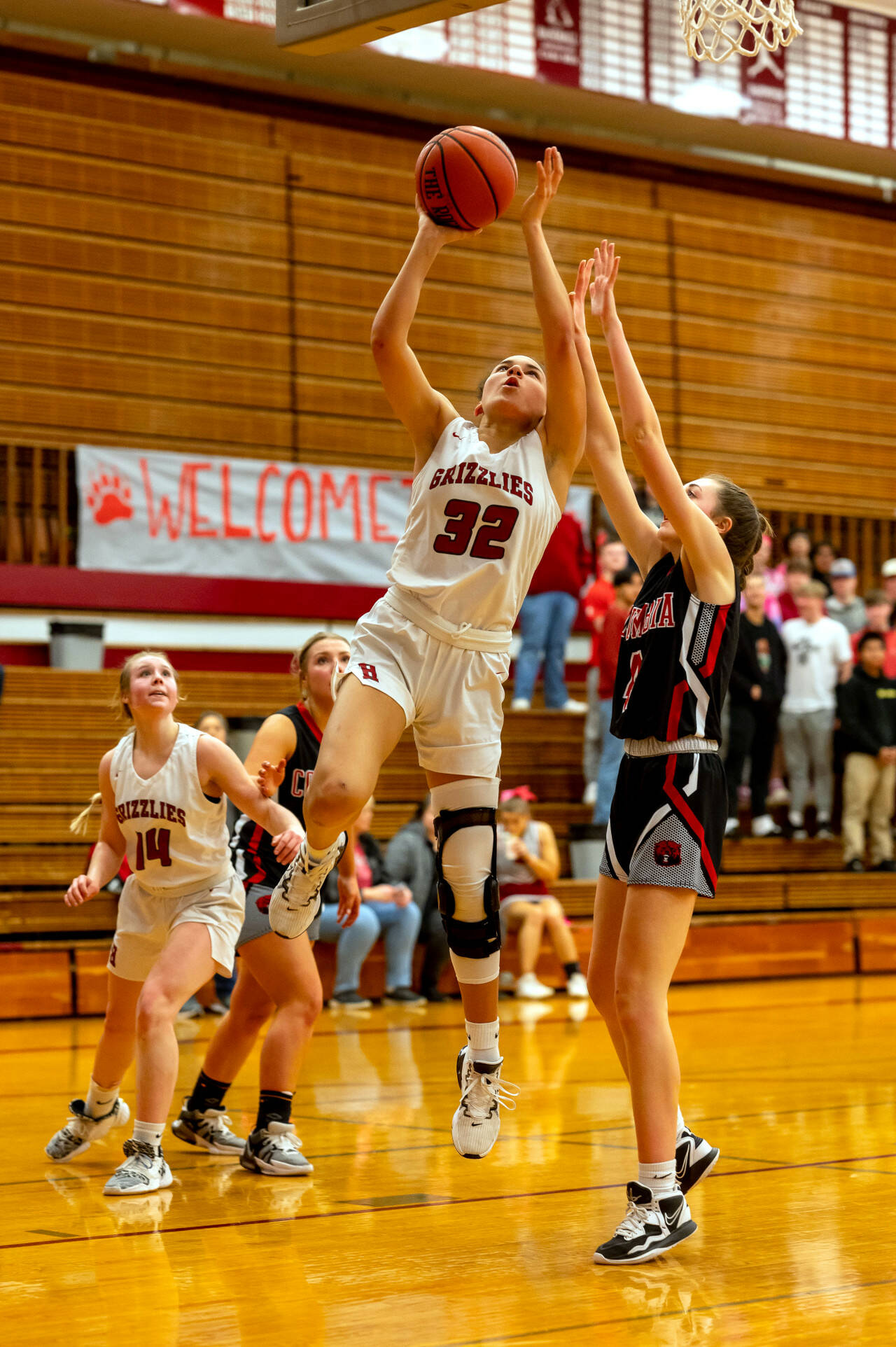 PHOTO BY FOREST WORGUM Hoquiam senior center Chloe Kennedy (32) rises for two of her game-high 32 points in a 57-44 victory over Columbia-White Salmon in a 1A District 4 first-round playoff game on Thursday in Hoquiam.