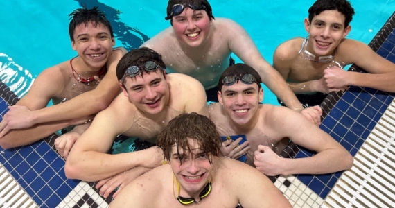 SUBMITTED PHOTO The Aberdeen swim team placed third overall at the 2A District 4 Championships on Saturday at Mark Morris High School. Pictured are Denny Linker (bottom); (middle row, from left) Zach Parker, Zeke Olson, (top row, from left) Eli Olson, Jacob Natwick and Jacob Hallak.