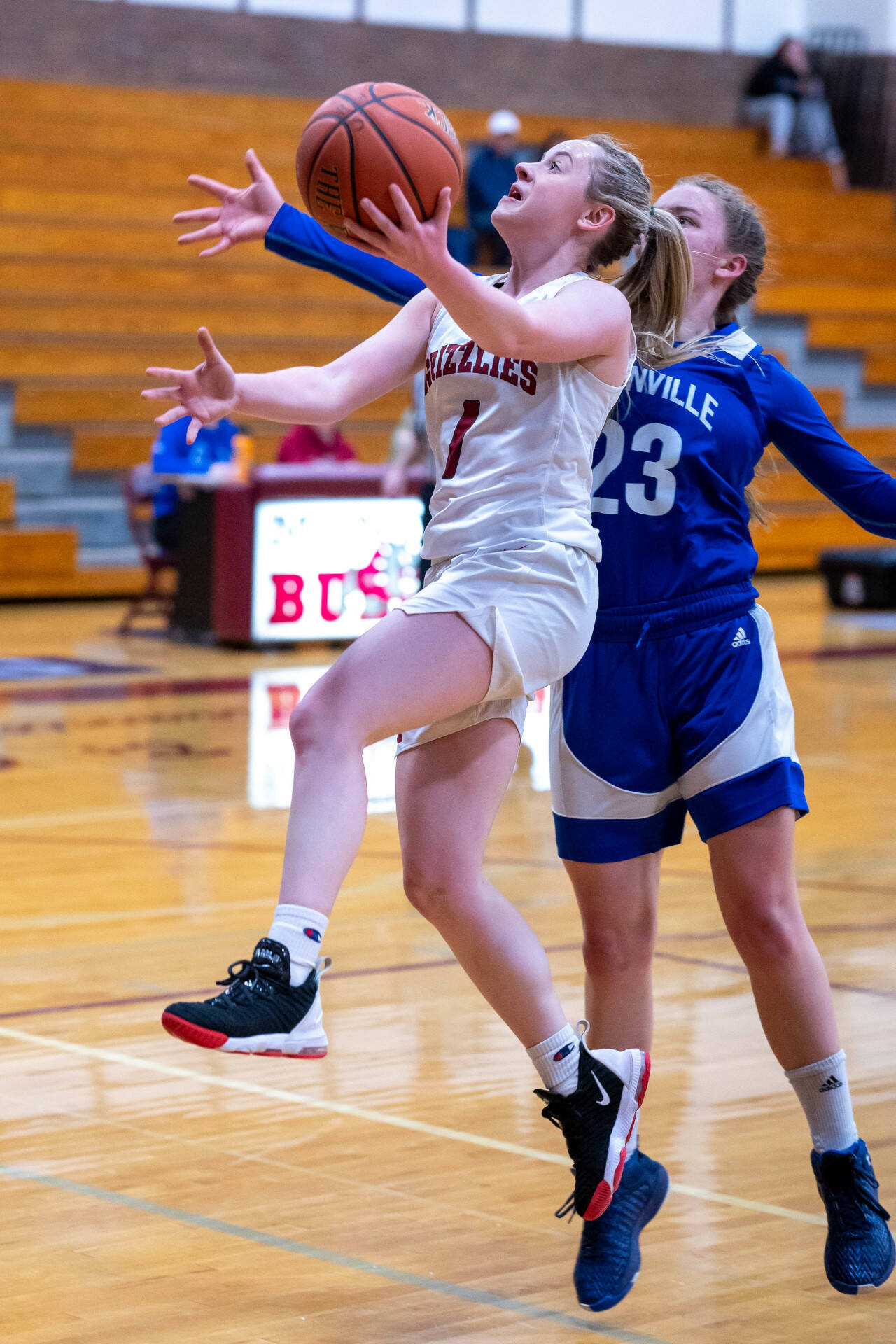 PHOTO BY FOREST WORGUM
 Hoquiam’s Graci Bonney-Spradlin (1) glides to the basket during the Grizzlies’ 60-39 win over Eatonville in a 1A District 4 elimination game on Wednesday in Montesano.