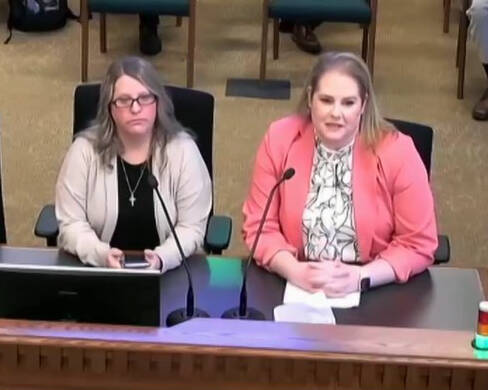Jamie Jo Hiles (seated right), the foster mom of the missing 6-year-old girl Oakley Carlson, was one of the numerous individuals to give a testimony at a public hearing on Friday, Feb. 17, in Olympia, to advocate for the passage of H.B. 1397. She claims that reform of the child reunification policy in Washington is needed and that DCYF "played a part in the failure to protect her daughter." (Photo Courtesy of TVW)