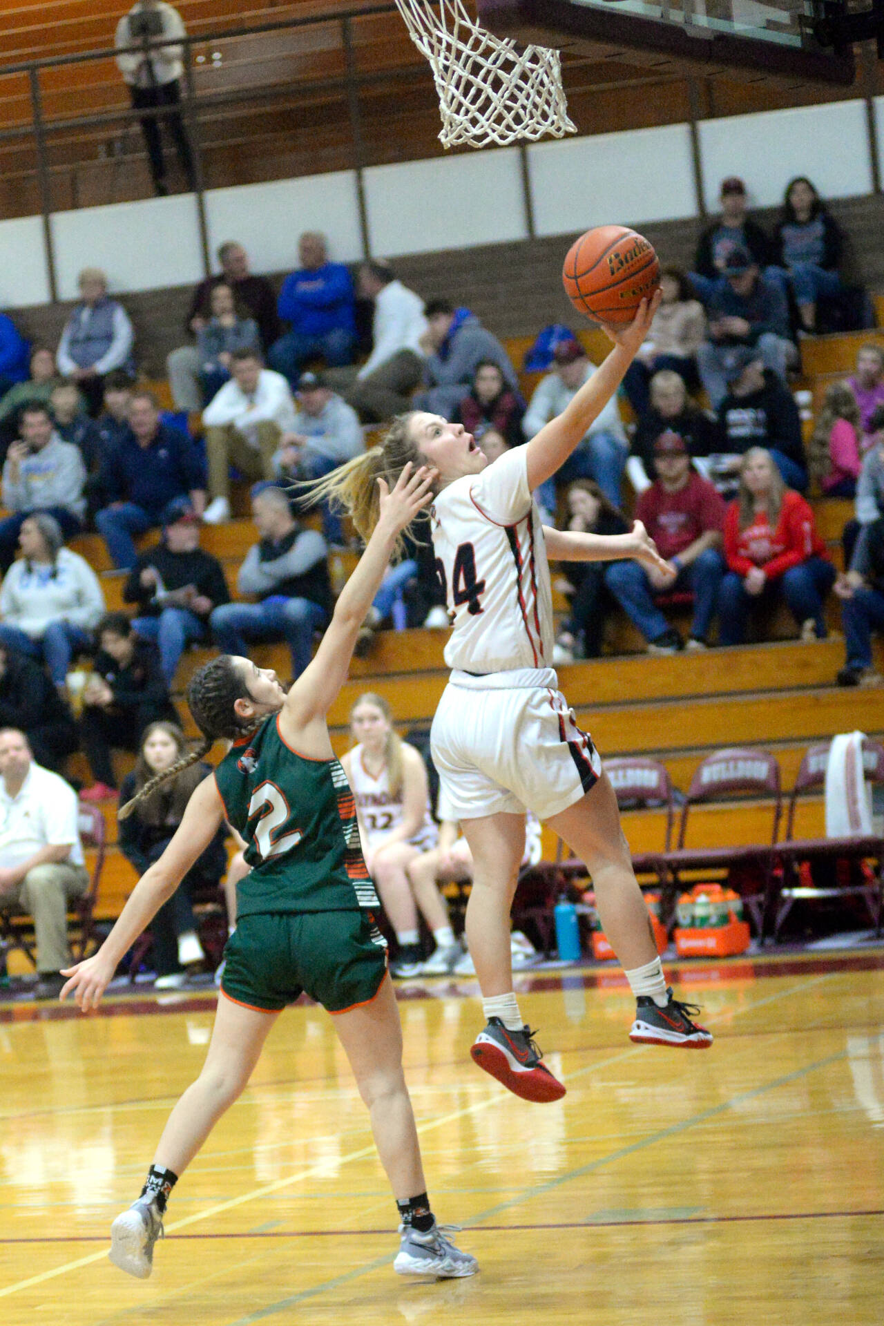 DAILY WORLD FILE PHOTO Raymond sophomore Karsyn Freeman (24) glides to the basket in a game against Morton-White Pass on Feb. 4 in Montesano. Freeman was named the 2B Pacific League MVP by the league’s coaches for the 2022-23 season.