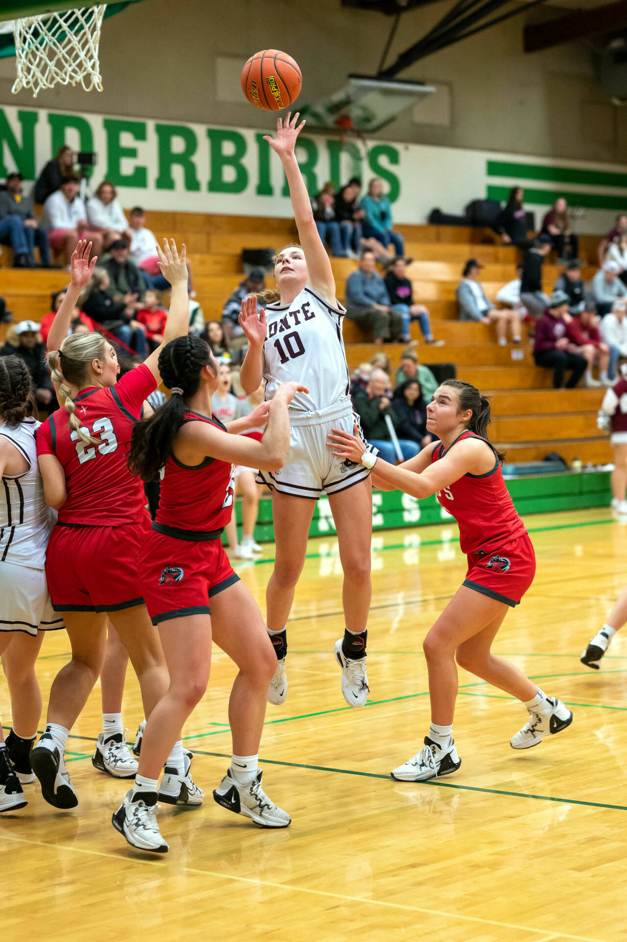 PHOTO BY FOREST WORGUM Montesano’s Mikayla Stanfield (10) puts up a shot during a 51-37 loss to King’s in a 1A State Tournament game on Saturday at Tumwater High School.