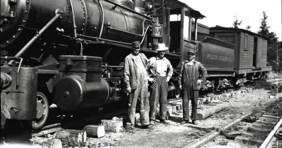 Photo provided by Polson Museum
A glass plate negative, donated by Ralph Umbarger, shows three men standing in front of the “45” locomotive from Polson Logging Company, in Hoquiam. Polson Museum staff is currently restoring the locomotive. The photo gives a glimpse at the finely detailed photos John Larson, Polson’s director, will show Saturday at Hoquiam Timberland Library.