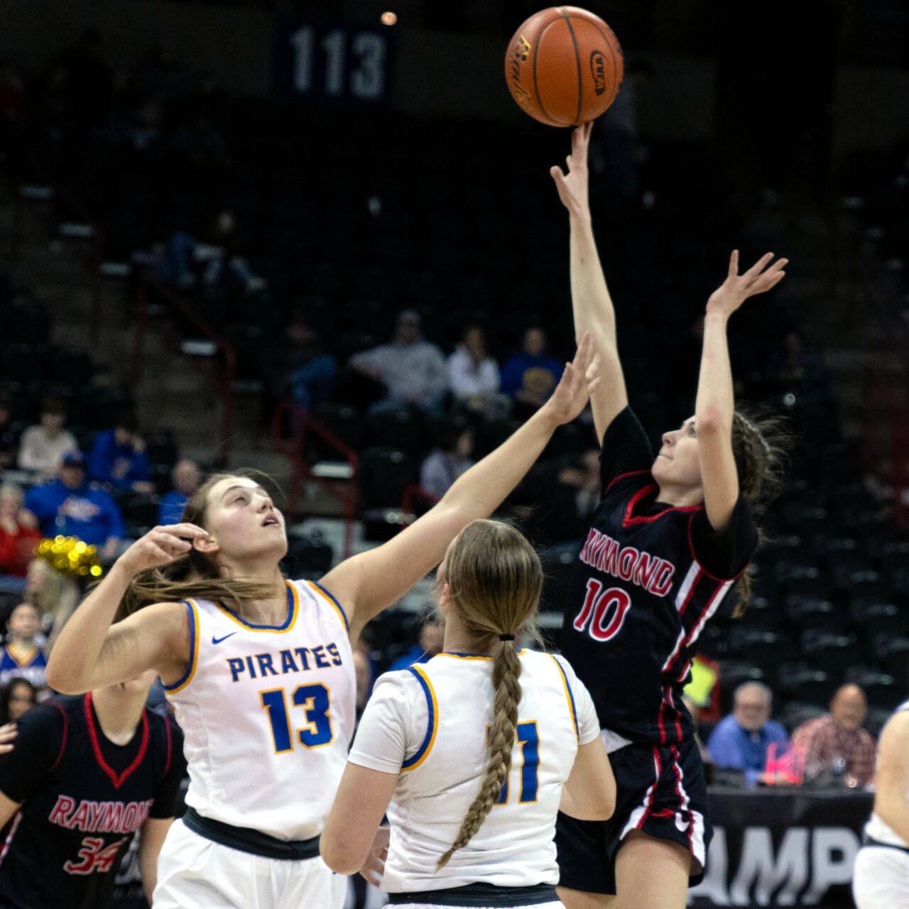 ALEC DIETZ | THE CHRONICLE Raymond forward Alia Enlow (10) takes a shot from the post against Adna in the 2B State Round of 12 on Wednesday at the Spokane Arena.
