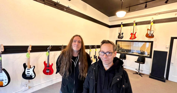 Courtesy photo / Rick Moyer of Moyer Multi Media LLC
Ron Harless, left, and Joe Backus, right, are bringing vintage guitars to downtown Aberdeen with their music shop Guitar Galactica. The shop — 204 S. K St., — will feature vintage guitars, amplifiers, synthesizers and other instruments. The pair is excited to get started. Their aim is to open “as early into April as we can,” Harless said. The room behind the shop is where Backus will repair guitars. And don’t worry, they have carpeting installed on the work station to prevent scratches on the instruments.