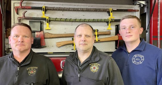 Michael S. Lockett / The Daily World
From left to right, Hoquiam Fire Chief Matt Miller, Aberdeen Fire Chief Dave Golding and Cosmopolis Fire Chief Nick Falley are the chiefs of three departments proposing consolidation into a single regional fire authority in Central Grays Harbor.