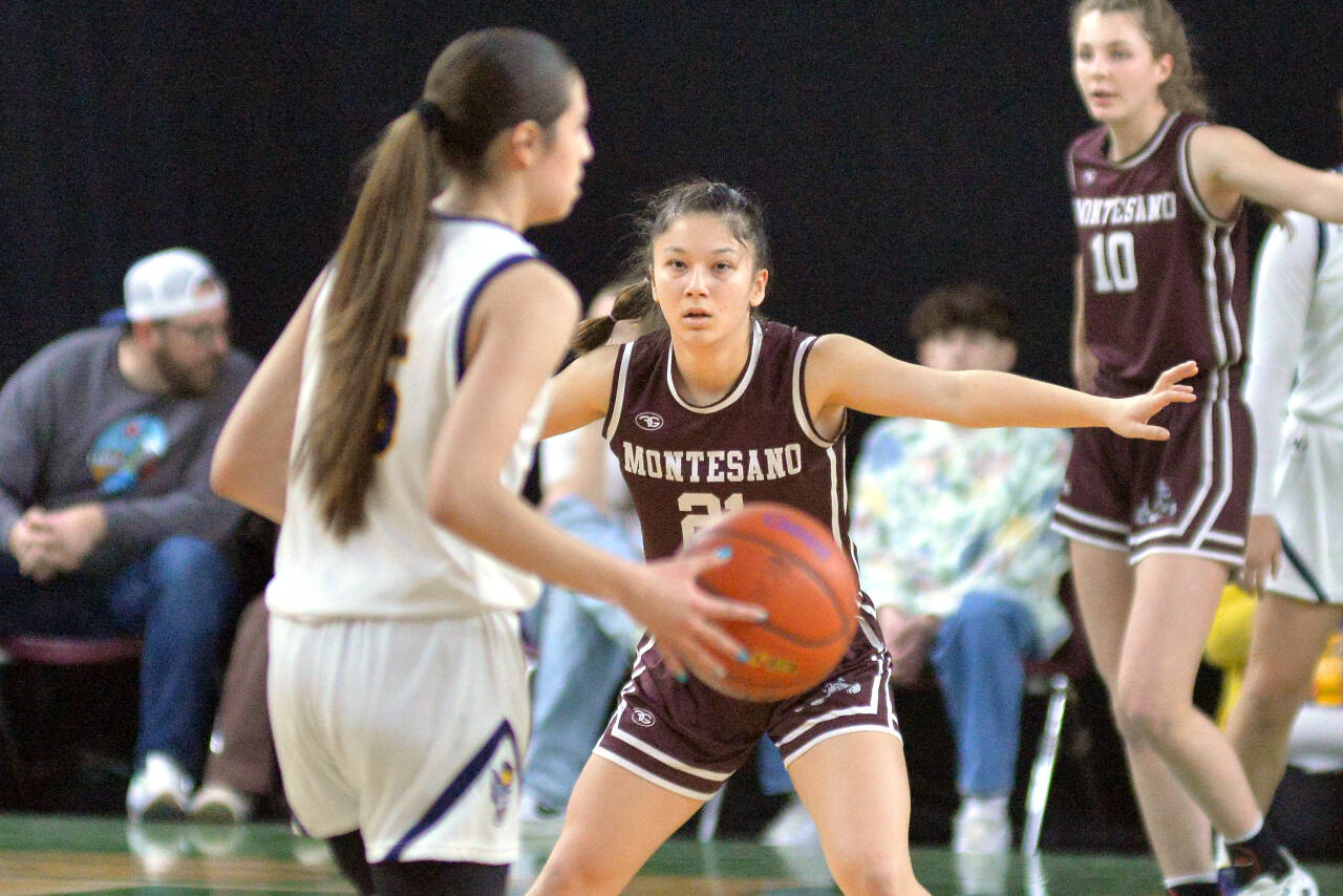 RYAN SPARKS / THE DAILY WORLD 
Montesano senior Vanna Prom focuses in on defense during the Bulldogs’ 64-36 loss to Wapato in a 1A State quarterfinal game on Thursday at the Yakima Valley SunDome.