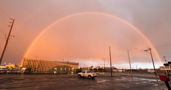 A double rainbow, with a faint band above, stands out in the gray skies over downtown Aberdeen on Tuesday evening. The photo, taken from the parking lot of <em>The Daily </em><em>World</em>, was a stunning sight and was deemed worthy of a photo shoot because of how clear and colorful it was.