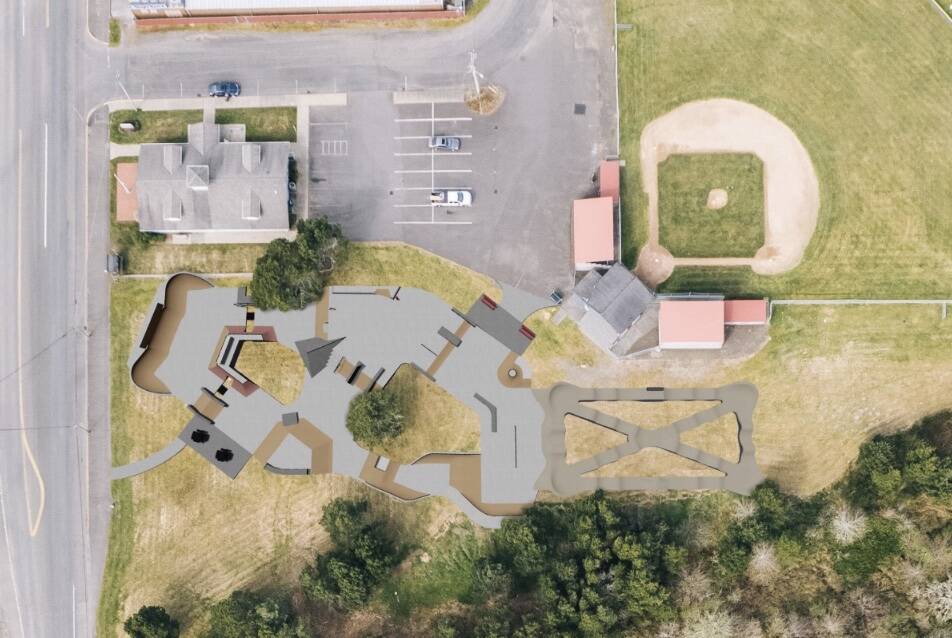 The proposed skatepark and pump track in Westport, designed by Grindline Skateparks, can be seen here off of South Montesano Street and south of the city’s library. (Courtesy art / Westport Community Skatepark & Pump Track)