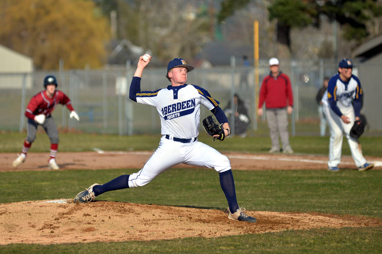 RYAN SPARKS | THE DAILY WORLD Aberdeen junior pitcher Hunter Eisele allowed no runs on one hit through four innings to lead the Bobcats to a 10-0 victory over Hoquiam in the season-opener on Thursday at Pioneer Park in Aberdeen.