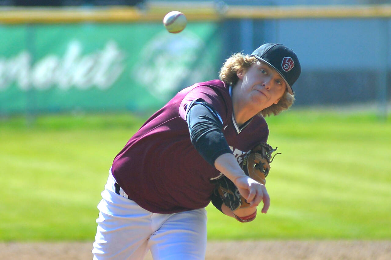 RYAN SPARKS | THE DAILY WORLD Montesano reliever Skylar Bove held Overlake scoreless over 5 2/3 innings pitched in the Bulldogs’ 6-3 victory against Overlake on Saturday in Montesano.