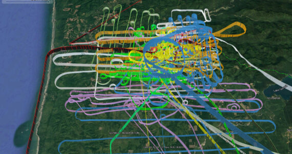 Aerial searchers flew more than 4,000 miles looking for signs of a missing plane and pilot last plotted on radar between Queets and Lake Quinault on March 6. The colorful trailings show where aerial searches took place. (Courtesy photo / WSDOT)