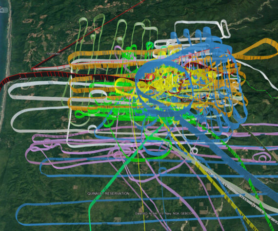 Aerial searchers flew more than 4,000 miles looking for signs of a missing plane and pilot last plotted on radar between Queets and Lake Quinault on March 6. The colorful trailings show where aerial searches took place. (Courtesy photo / WSDOT)