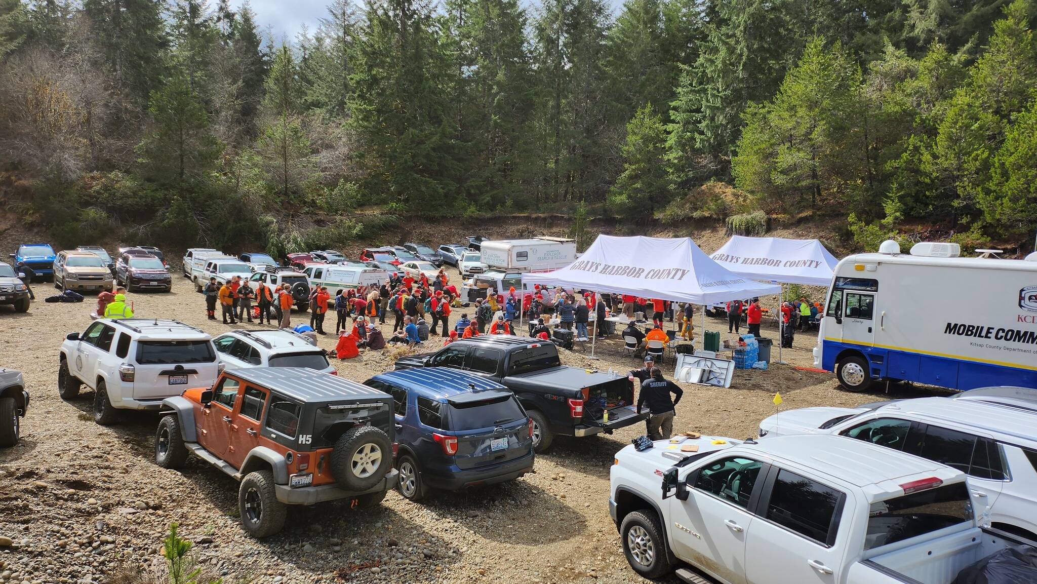 More than a hundred law enforcement personnel and volunteers took part in a sweep for evidence in the case of the 2009 disappearance of Lindsey Baum in a rural part of Mason County on April 25-26. (Courtesy photo / Grays Harbor County Sheriff’s Office)