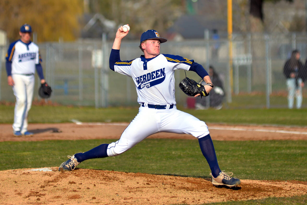 DAILY WORLD FILE PHOTO Aberdeen starting pitcher Hunter Eisele tossed a complete game in leading the Bobcats to a 10-1 victory over Tumwater in the second game of a doubleheader on Friday in Tumwater.