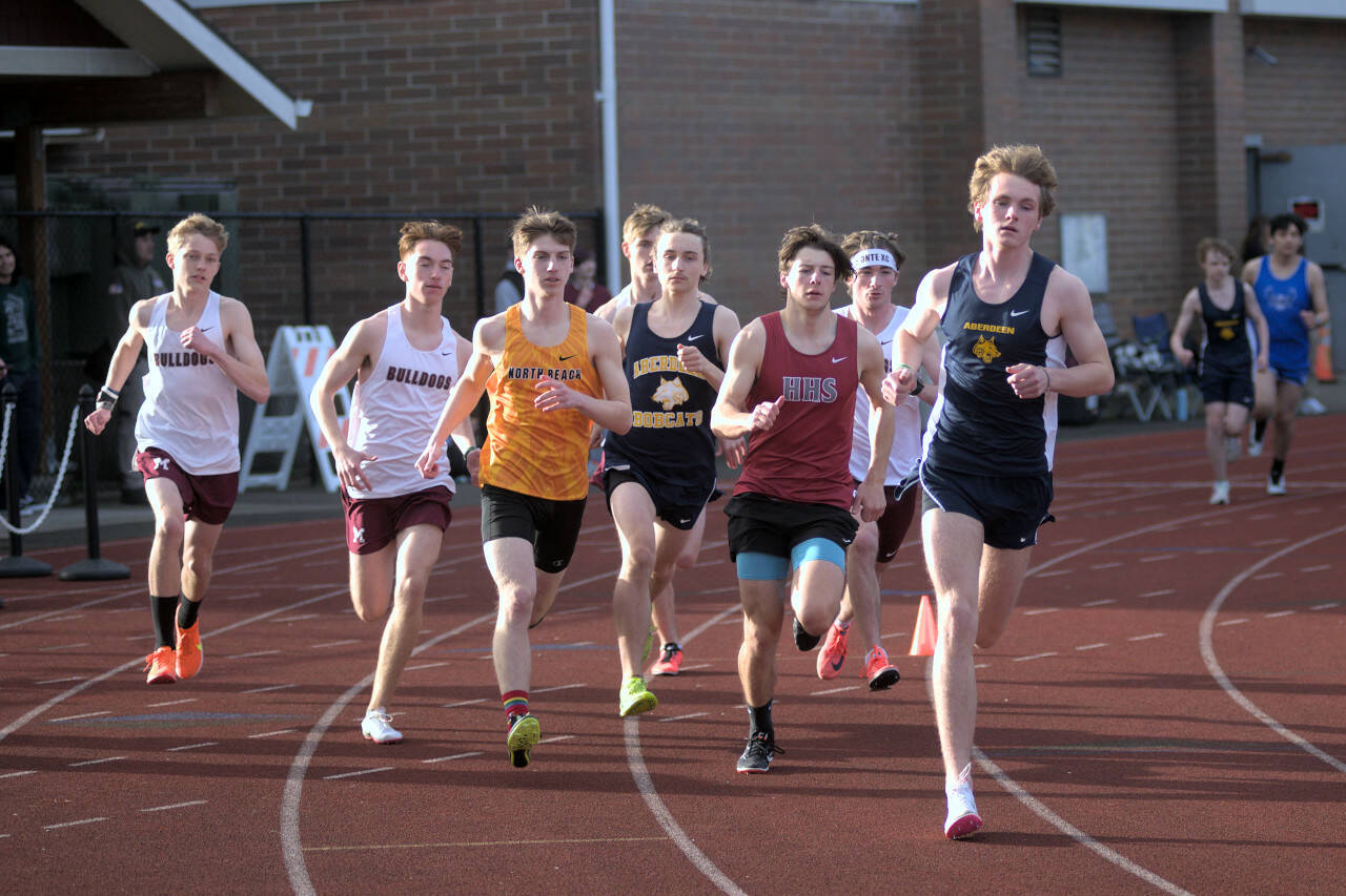 Photos by RYAN SPARKS / THE DAILY WORLD 
Aberdeen’s Wil Boling, right, leads the field in the 800-meter race at the 2023 Ray Ryan Memorial Grays Harbor All-County Track & Field Meet on Friday at Jack Rottle Field in Montesano. Boling broke the meet record with a time of 2:00.64.