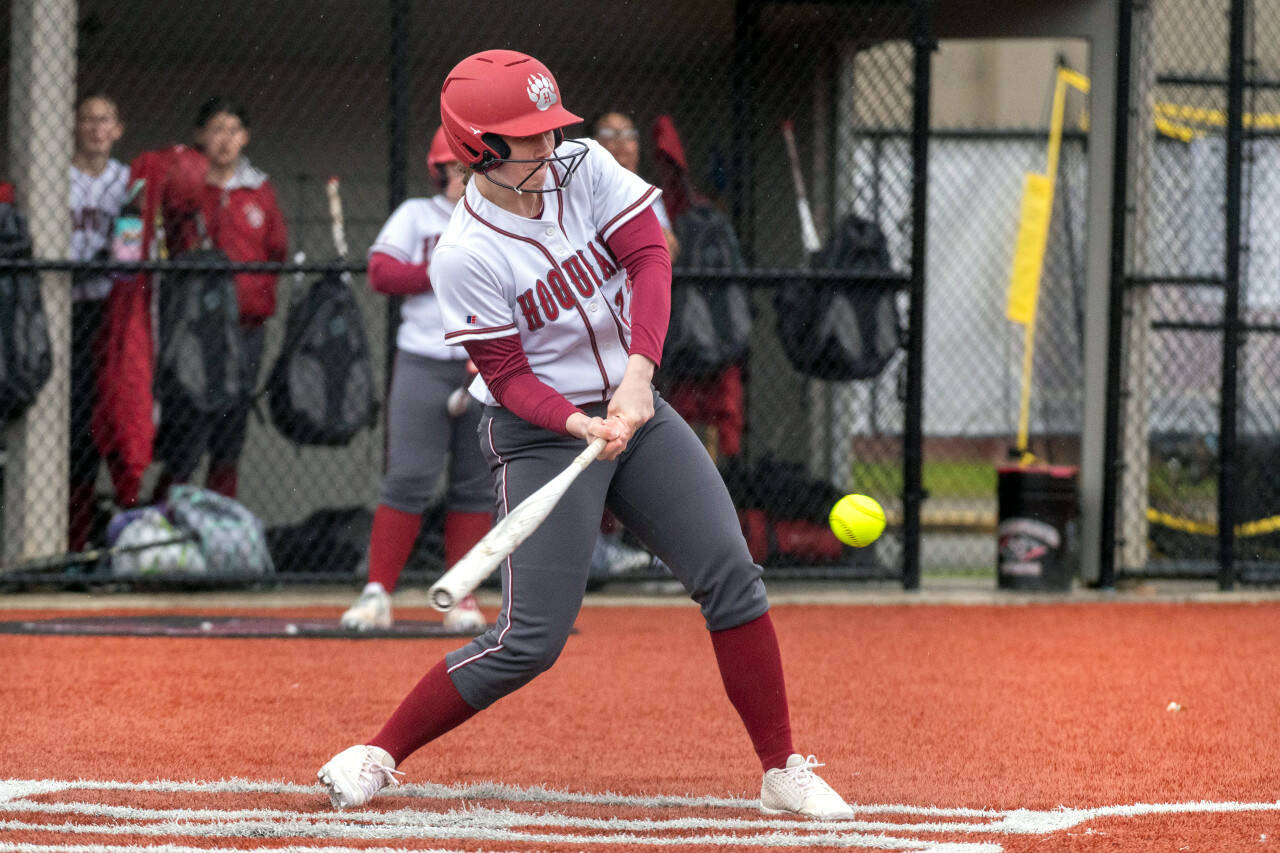 PHOTO BY FOREST WORGUM 
Hoquiam’s Ashlinn Cady smacks a double during the Grizzlies’ 17-7 win over Elma on Tuesday in Montesano.