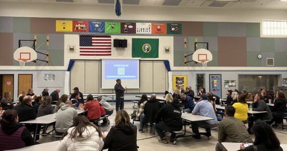 Elma School District hosted a meeting Wednesday, April 19 in the Elma Elementary multi-purpose room to discuss facilities changes needed to host a growing student body. (Clayton Franke / The Daily World)