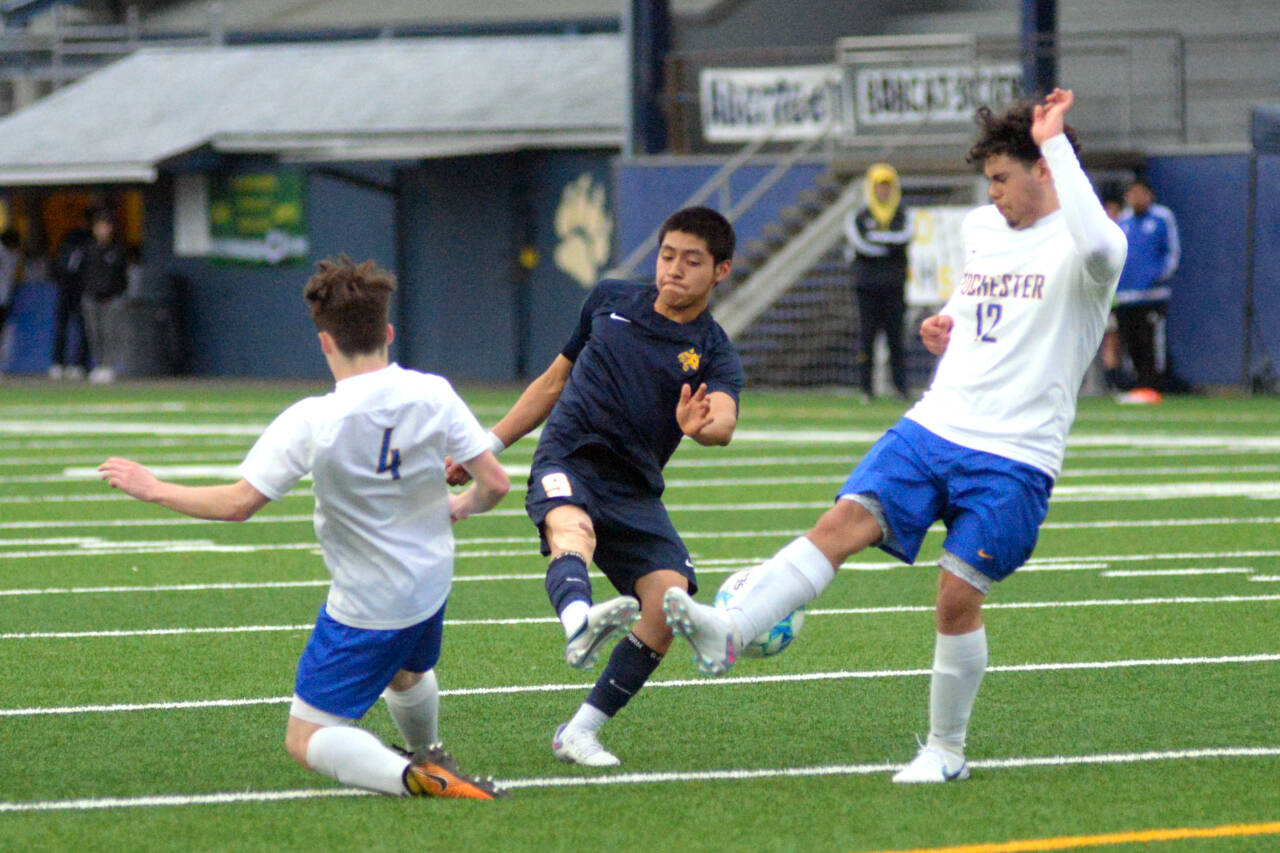RYAN SPARKS | THE DAILY WORLD Aberdeen senior midfielder Gil Lopez (9) attempts a shot against Rochester’s Sean Ivy (4) and Huber Jimon-Ojeda during the Bobcats’ 5-0 victory on Friday at Stewart Field in Aberdeen.