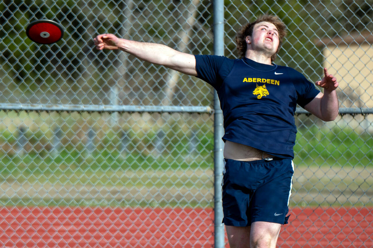 PHOTO BY FOREST WORGUM Aberdeen’s Tyler Bates recorded one of the best throws in the state this season to win the discus at a meet against Black Hills on Wednesday in Aberdeen.