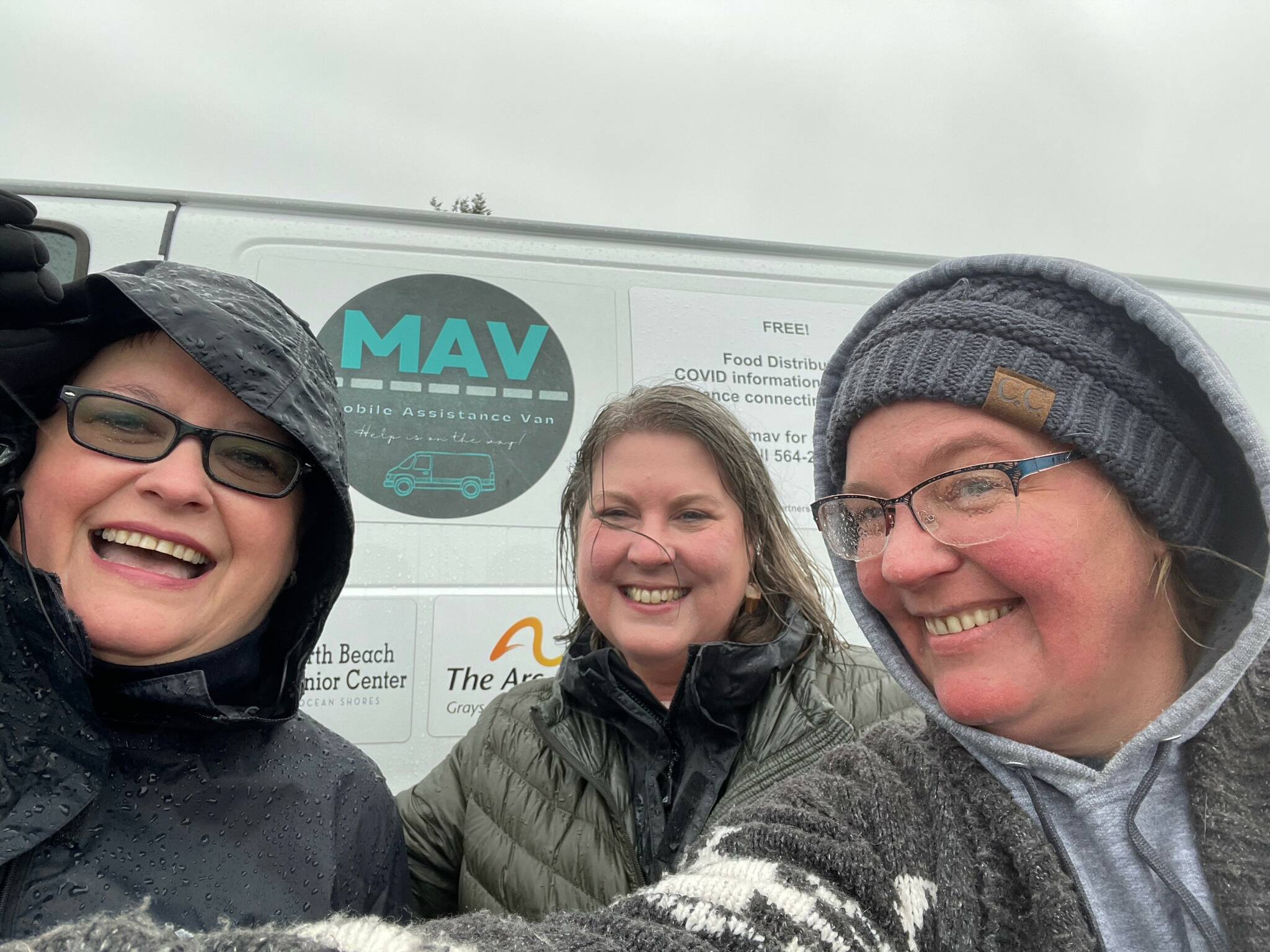 Photo: Christina Stensrud
O3A employees Ingrid Henden, left, and Marki Lockhart, center, joined MAV operator Christina Stensrud of the North Beach Senior Center at the recent whale welcoming ceremony in LaPush.