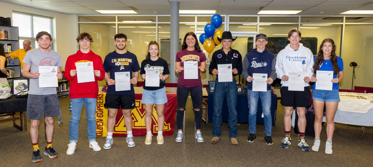PHOTO BY SHAWN DONNELLY Montesano honored its Letter of Intent signees with a ceremony on Friday at Montesano High School. Pictured are (from left) Aric Jacklin (track), Cole Ekerson (wrestling), Mateo Sanchez (boys soccer), Jaiden King (girls soccer), McKynnlie Dalan (girls basketball), Carson Daniels (roping), Josh Wills (baseball), Kaleb Ames (baseball) and Anabelle Estrada (girls soccer).