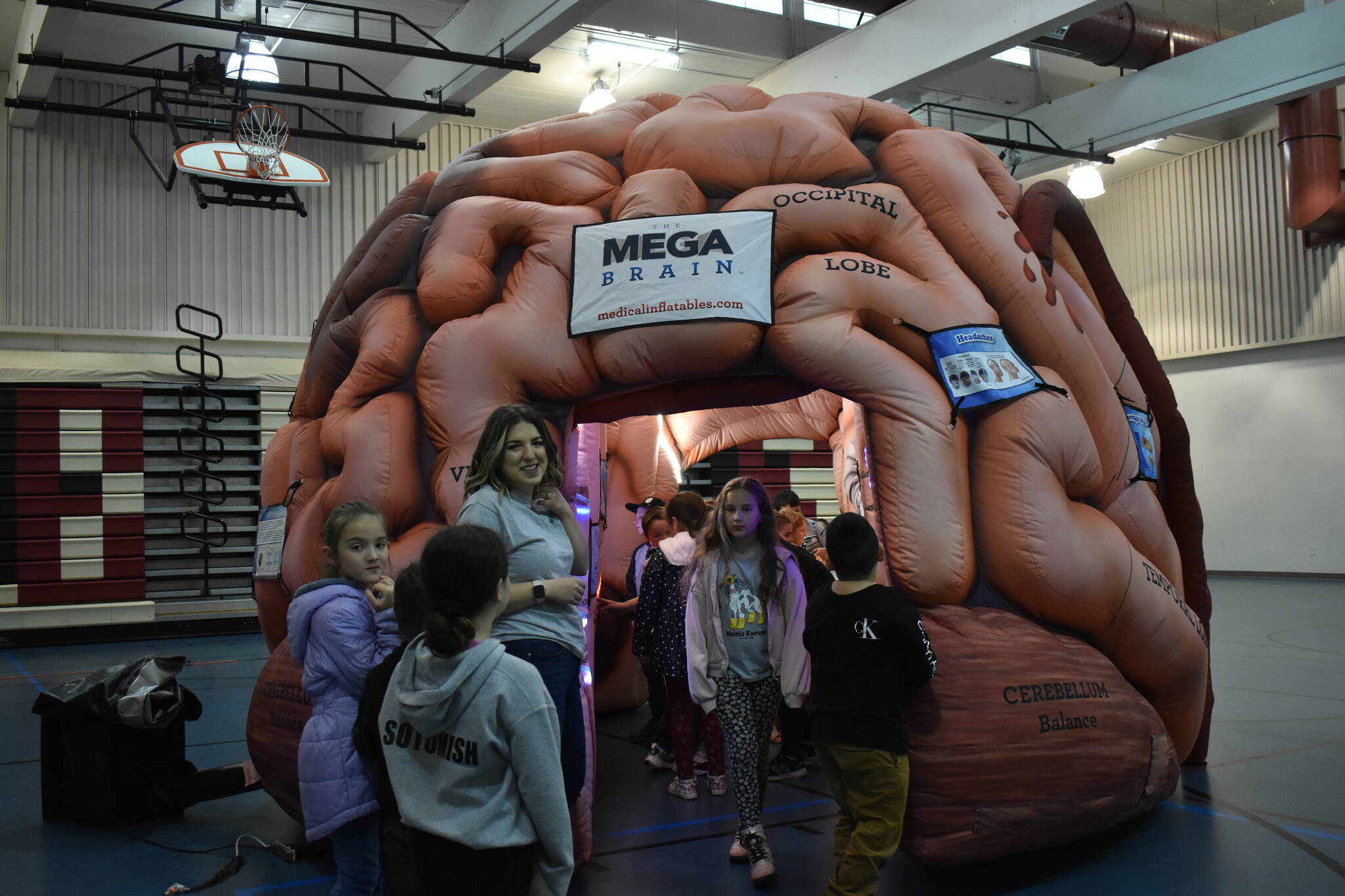 Clayton Franke / The Daily World
Harbor Strong coordinator Haley Falley stands with Central Elementary students as they explore the 14-foot inflatable brain up close.