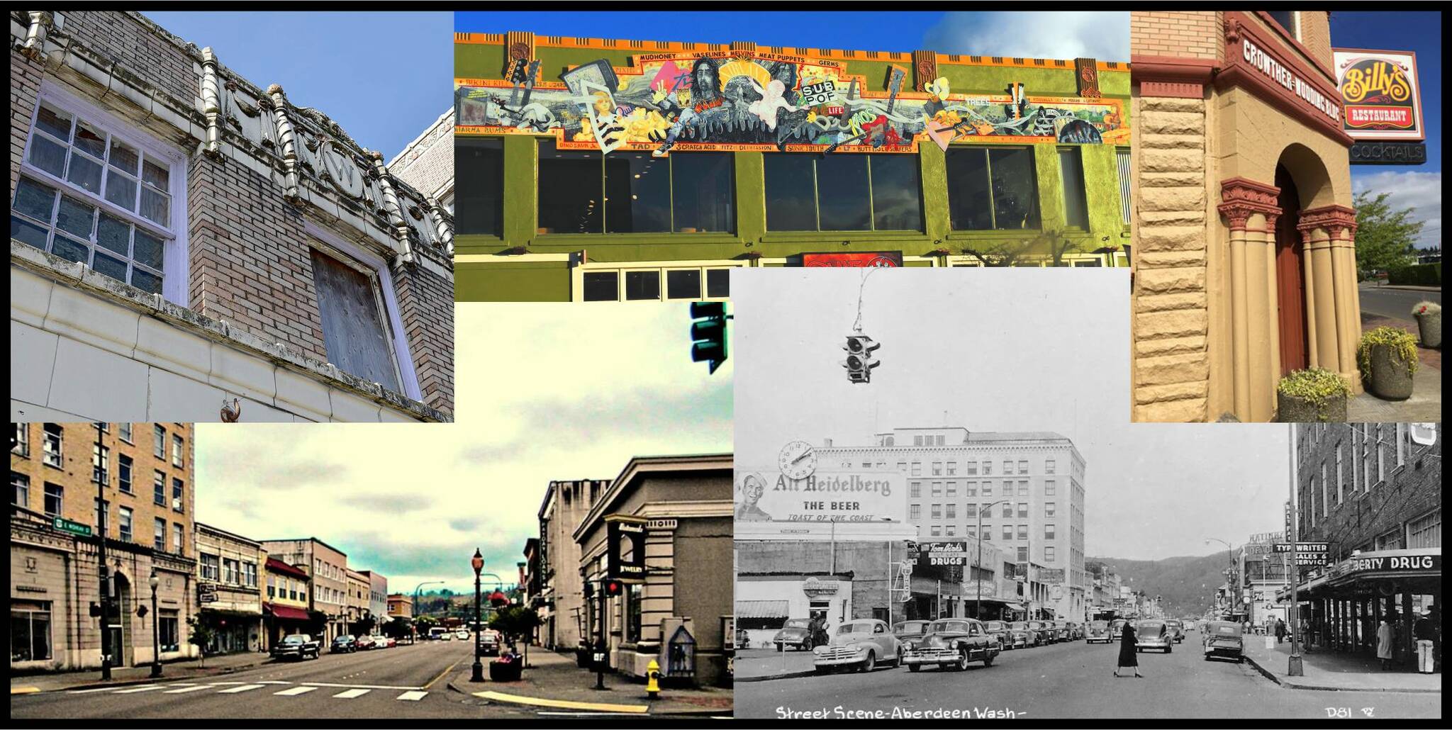 Pictured, starting at top left, clockwise: Morck Hotel, Grunge Music Mural, Crowther-Wooding Building, Wishkah Street looking east from Broadway circa 1955 and Wishkah Street looking east from I St. circa 2012. (Downtown Aberdeen Association)