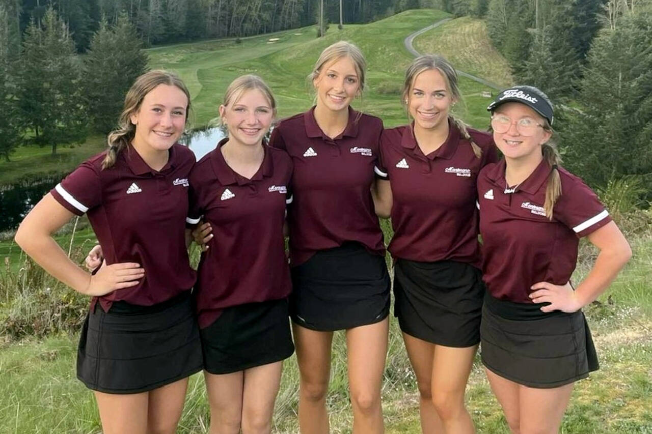 SUBMITTED PHOTO Montesano’s girls golf team of (from left) Maggi Kupka, Jessie LaLonde, Audree Dohrmann, Emma Sainsbury and Hailey Blancas finished seventh against quality competition at the Kitsap Invitational on Tuesday, May 2 in Bremerton.