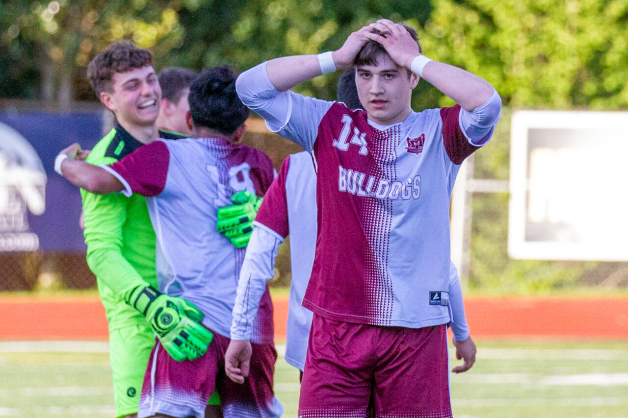PHOTO BY SHAWN DONNELLY 
Montesano forward Felix Romero (14) tries to collect his thoughts after teammate Levi Clements scored a goal late in the game to give Monte a 2-1 win over Columbia-White Salmon on Tuesday in Montesano.