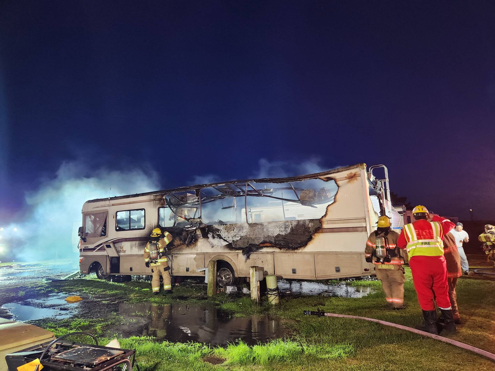 Firefighters from the South Beach Regional Fire Authority responded to an RV fire on Tuesday evening that completely gutted the vehicle. (Courtesy photo / SBRFA)
